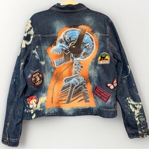 Upcycled Reworked Denim Jacket XL Hand Sewn Patches Skeleton Back Patch Goth
